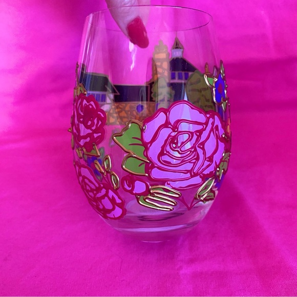 Madonna Inn Stemless Wine Vino Glass Cup Pink Gold Roses Hotel California Champ - Picture 3 of 10